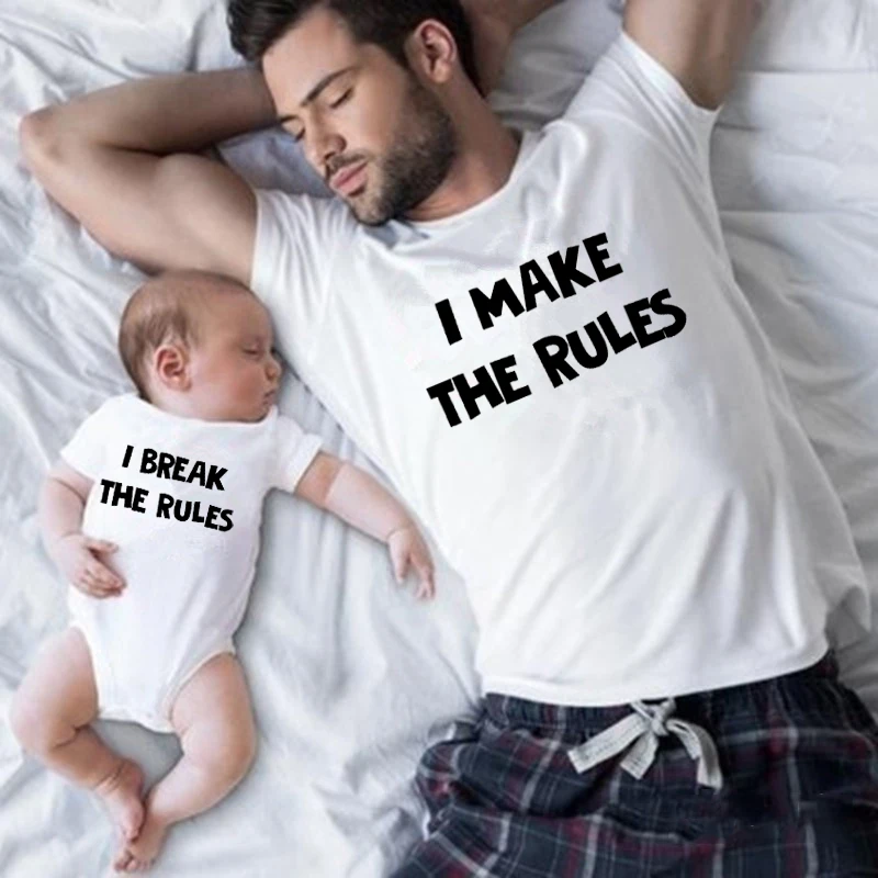 1pc I Make/break The Rules Funny Daddy T Shirt and Baby Cotton Romper Family Matching Clothes Dad Kids Fashion Outfits | Мать и ребенок