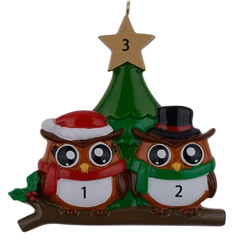 

Owl family of 2 polyresin glossy personalized Christmas ornaments with green tree golden star for decorative crafts