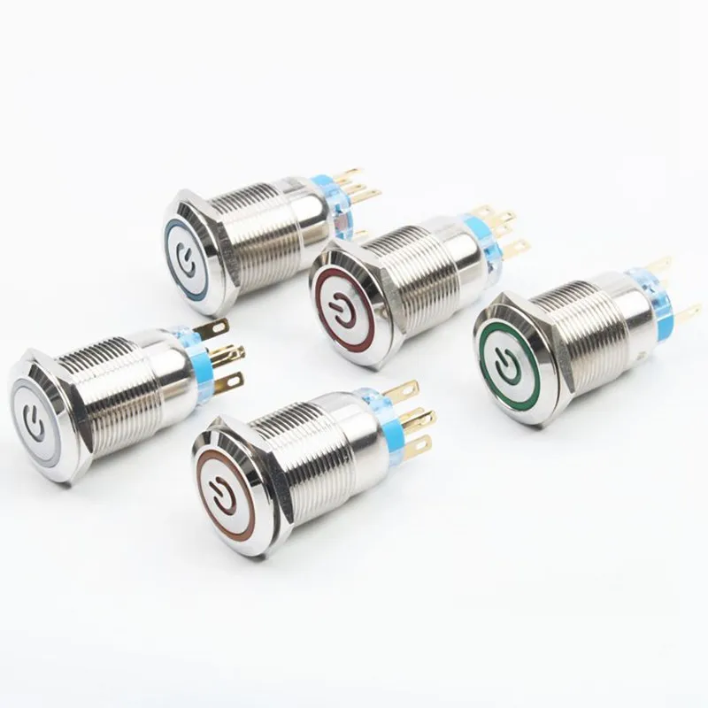 

19mm Metal brass Push Button SwitchPower Mark flat round illumination ring Momentary self reset/Self locking 1NO 1NC