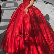Красное атласное платье с открытыми плечами и аппликацией, украшенное бисером, на заказ, вечернее платье с бисером, пышное платье для девочек, Нарядное вечернее платье