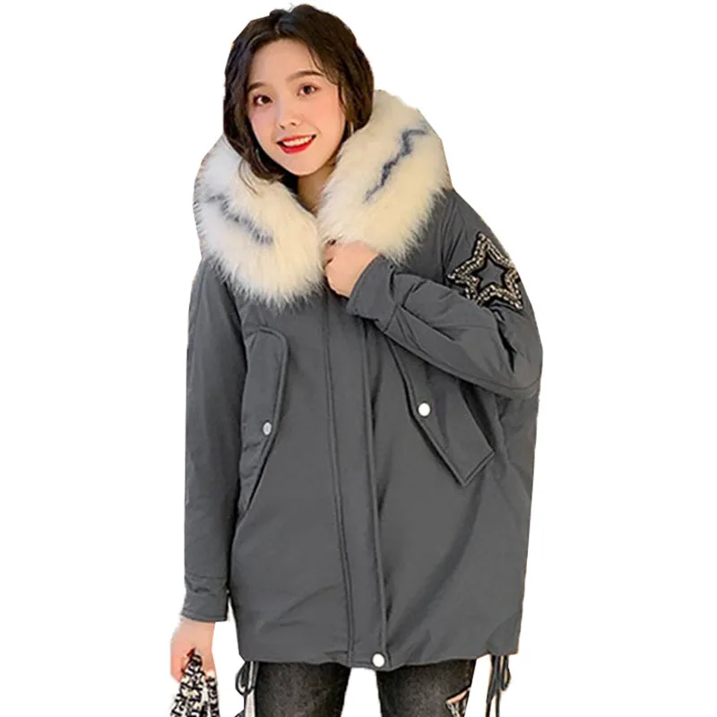 

2019 Winter Loose Cotton Coat Plus Fertilizer Increase Fur Collar Hooded Jacket Down Cotton Outerwear Parkas Coat Female AA127