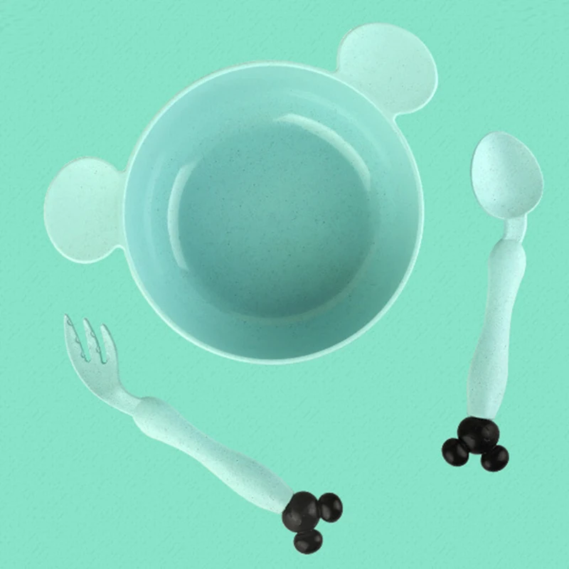 3 шт./компл., детская посуда для еды с героями мультфильмов, детская тарелка, посуда для кормления детей ясельного возраста, Детская тренировочная чаша, ложка, вилка - Цвет: Green Set