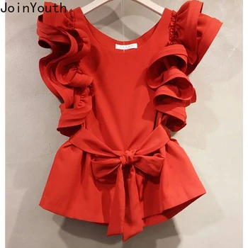 

Joinyouth Korean Short Butterfly Sleeve Women Top Blouse Fashion Lace Up Slim Waist Blusas 2020 Spring Summer O-neck Shirt 58759