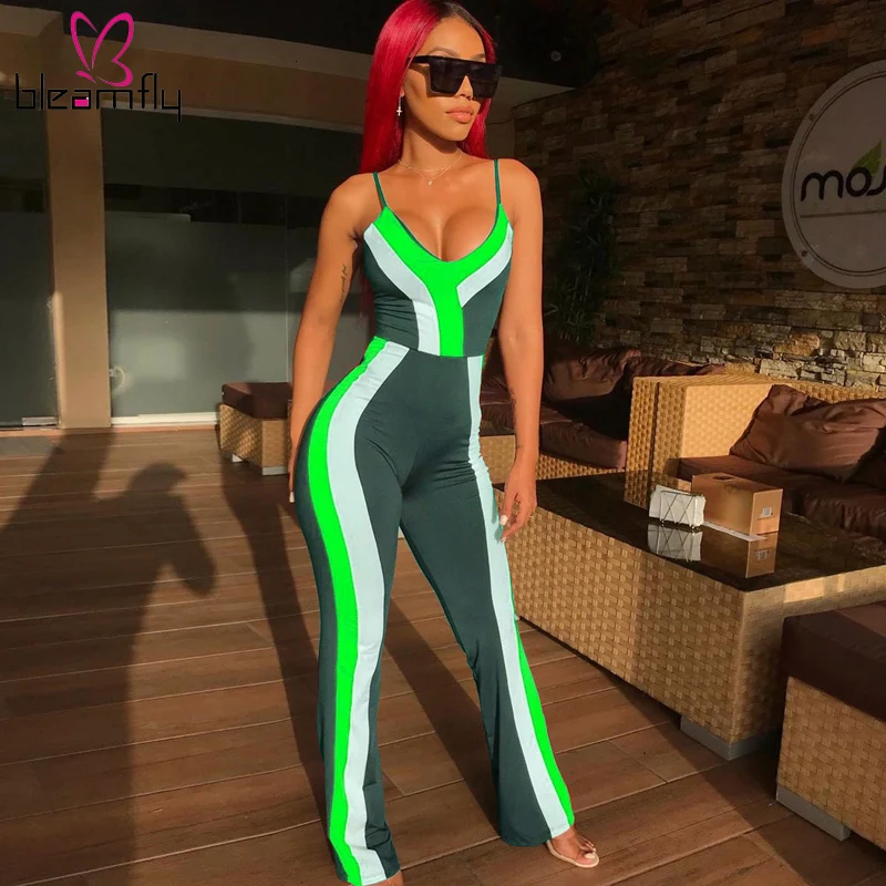 

Sexy Summer Jumpsuits Women Stripe Patchwork Spaghetti Full Length Rompers Club Party Night Elegant Casual Overalls Playsuits