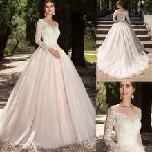 Трапециевидные тюлевые Свадебные платья, v-образный вырез, длинные рукава, кружевные аппликации с плеча, свадебное платье Vestido De Noiva