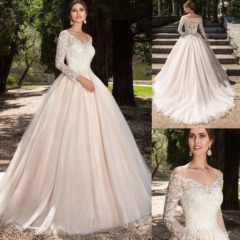 

A Line Tulle Wedding Dresses 2019 V Neck Long Sleeves Lace Appliques Off the Shoulder Bridal Wedding Gown Vestido De Noiva
