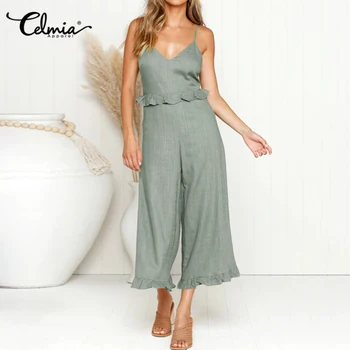 

Wide Leg Soild Playsuits 2020 Summer Celmia Sexy V Neck Ruffles High Waist Rompers Women Strap Backless Casual Jumpsuits S-5XL