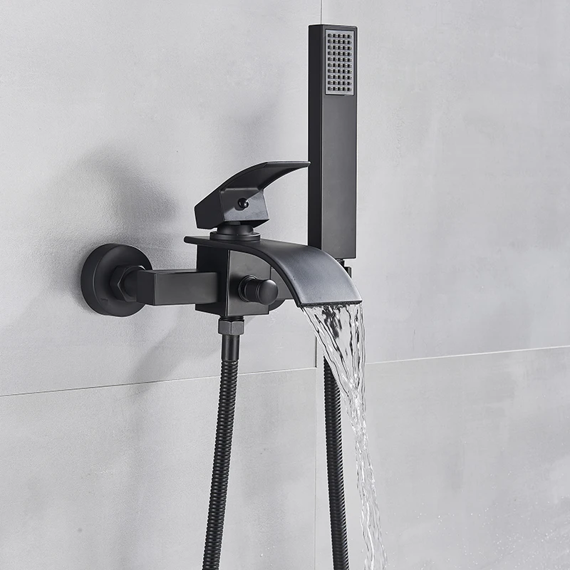 Matte Black Bathroom Bathtub Faucet Waterfall Faucet With Hand Shower Hot and Cold Water Mixer Taps Wall-mounted Bathtub bathtub faucet water mixer