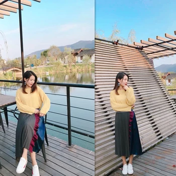 

015 Winter New-Coming Retro Ruffles Splice Contrast Color European Women Skirts High Street Style Mid-Calf Soft For Christmas