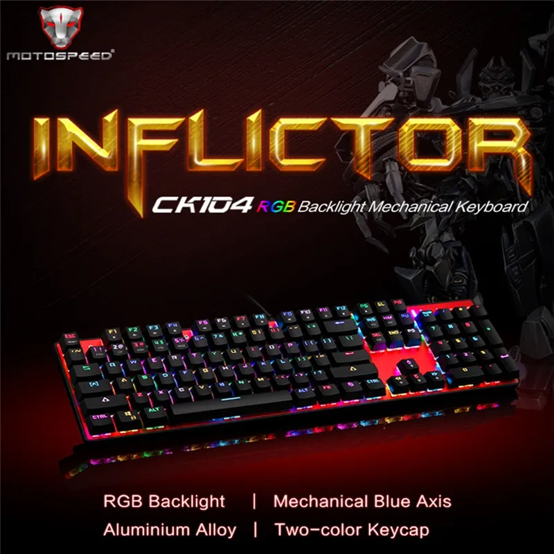 Motospeed CK104 Gaming Mechanical Keyboard 104keys Russian English Red Switch Blue Metal Wired LED Backlit RGB Tablet Desktop