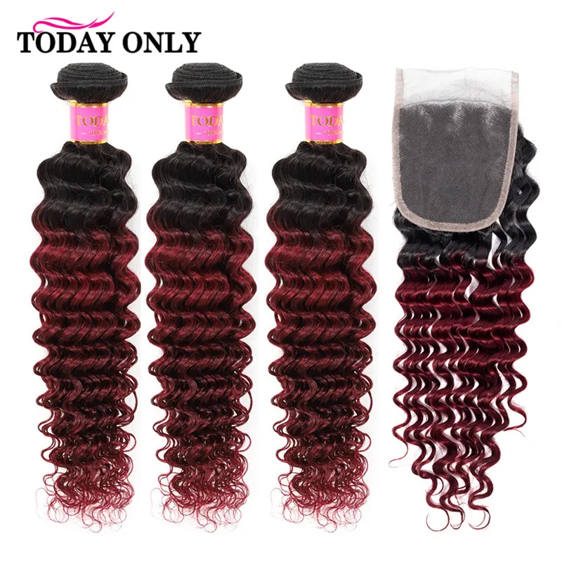 

TODAY ONLY Burgundy Peruvian Hair Bundles With Closure Deep Wave Bundles With Closure Remy Ombre Human Hair Bundles With Closure