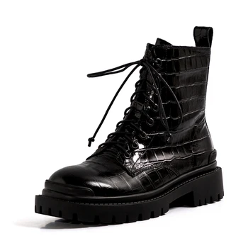 

Autumn Winter Short boots Leather Platform Ankle Boots Lace up Leather All-Match Stone Pattern Motorcycle Boots Women's Shoes