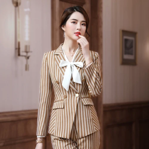 

Autumn Professional Temperament Black Striped Large Size Girl Blazer Workwear Female Two Piece Suits Fitted Feminine Shape