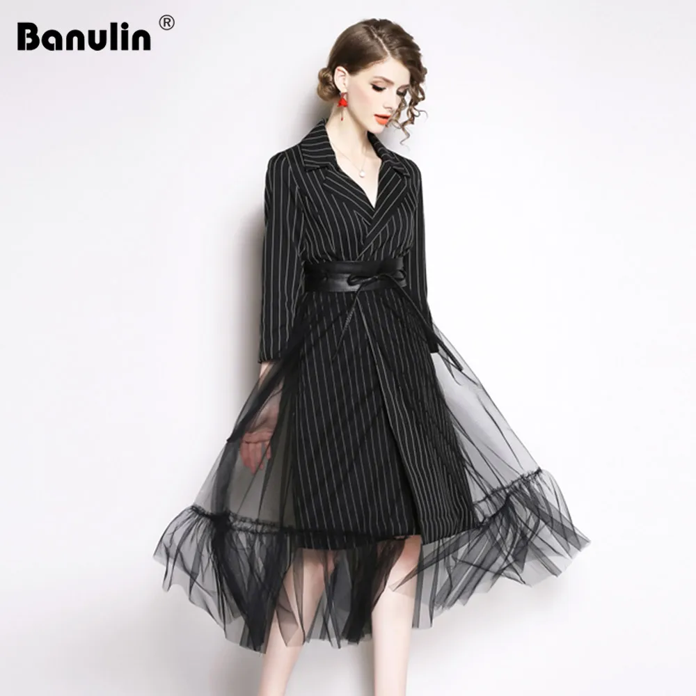 

Autumn Fashion Runway Dress Women's Full Sleeve Turn Down Neck Mesh Patchwork Single-Breasted Long Blazer Dress with Blet