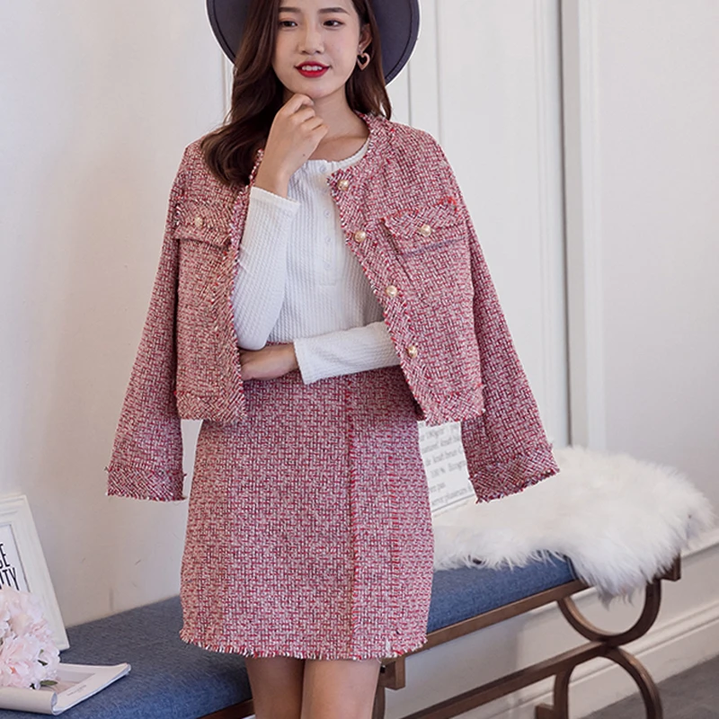 

SHTONGHUA Autumn Winter Women's Skirt Suit 2 piece Beaded Wool Tweed jacket +Skirt Sets two pcs Tweed Skirt Suits Elegant Office