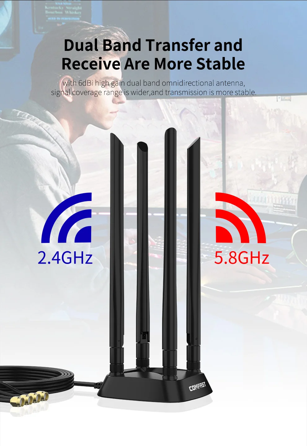 4 High Gain Omnidirectional 360 degree SMA antenna Powerful Dual Band 2.4+5 Ghz 4*6dBi antenna with 1.2M extension base antenna
