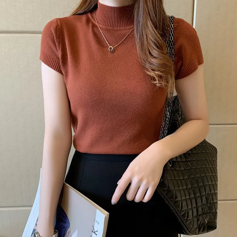 Basic Knit turtleneck Women T Shirt  Summer Spring Ribbed Cotton Pullover Tops Soft Female Short Sleeves Tshirt 9 colors   1
