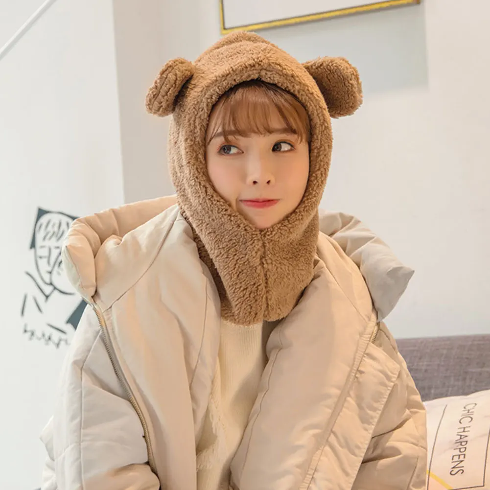 Fashion Accessories Winter Warm Earflap Hood Full-Cover Face Mask Women Cute Fleece Scarf Hat Windproof Protective Neck Hat