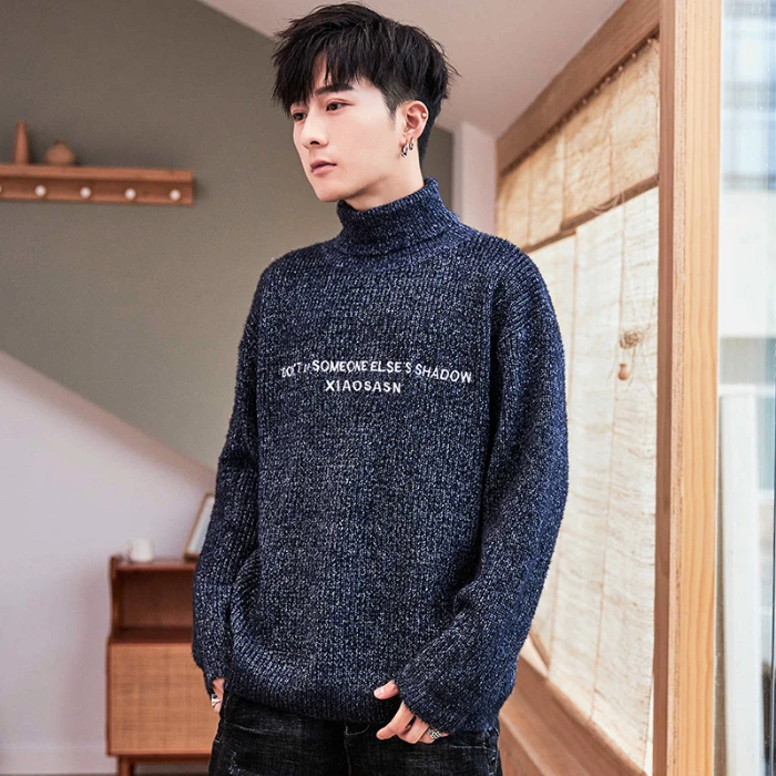 Мужской осенний Повседневный пуловер с длинными рукавами свитер Slim Fit Мужской с буквенным принтом водолазка Soild Топы Одежда Мода - Цвет: Dark blue