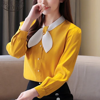 

Spring Fashion 2020 Long Sleeve Chiffon Blouse Solid Stand Tops Office Lady Busas Elegantes High Quality Blouses Women 8271 50