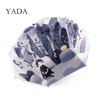 

YADA New Fashion Hand-Painted Leaf Girl 3-Folding Umbrella Women UV Rainproof Umbrella Parasol Rain Sun Light Umbrellas YD200202