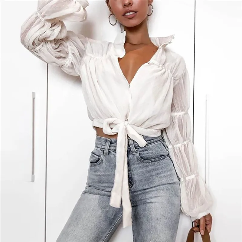

Sexy Mesh See Through Lace Up Shirt Lantern Long Sleeve Ribbons Crop Tops 2019 Spring Women Slim V-Neck Solid T-Shirt Tees #40