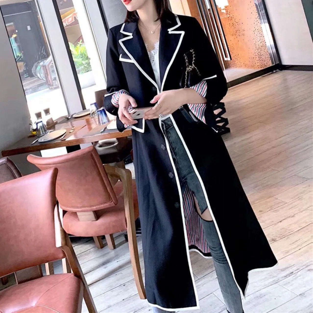 

2019 Autumn New Style College Style Contrast Color Mid-length Trench Coat Women's