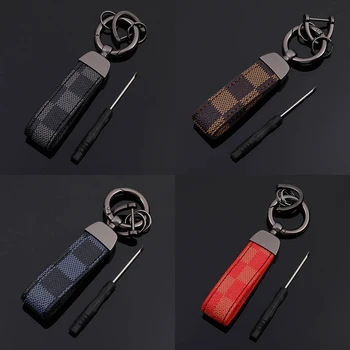 

Luxury Genuine Leather Lanyard Keychain Men Women Square Pattern Gunmetal Buckle Car Key Ring Holder Jewelry Gift Chaveiro