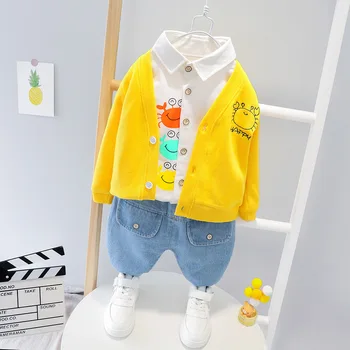 

Autumn Baby Boy Outfit Newborn Printing Shirt+Cardigan Coat+Jeans Three Piece Kids Suit Novelty Informal Casual Toddler Boys Set