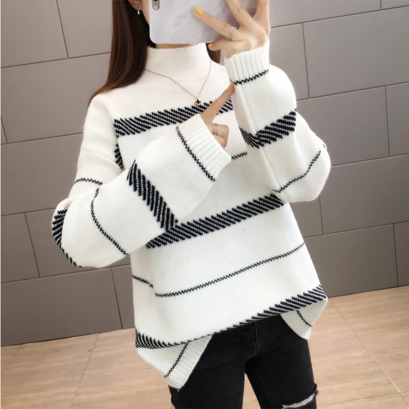 

Warm Stripe Long Sleeve Pull Femme Knitted Sweater Pullover Fashion New 2019 Loose Sueter Mujer Female Jumper Women Winter Tops