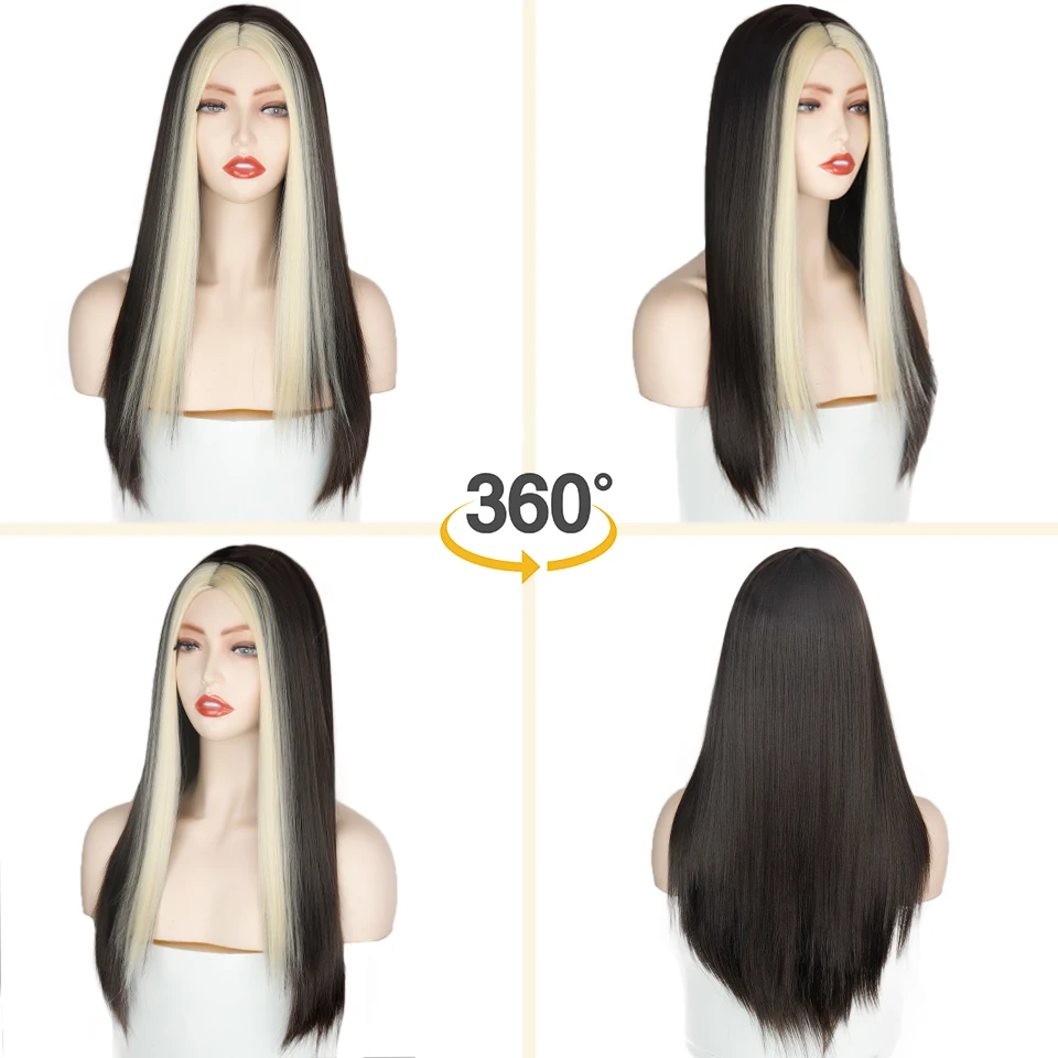 Synthetic wig Black Long Straight Wig For Women Both sides Gold Hair Middle Part Heat Resistant Wavy Cosplay Wig For Girl