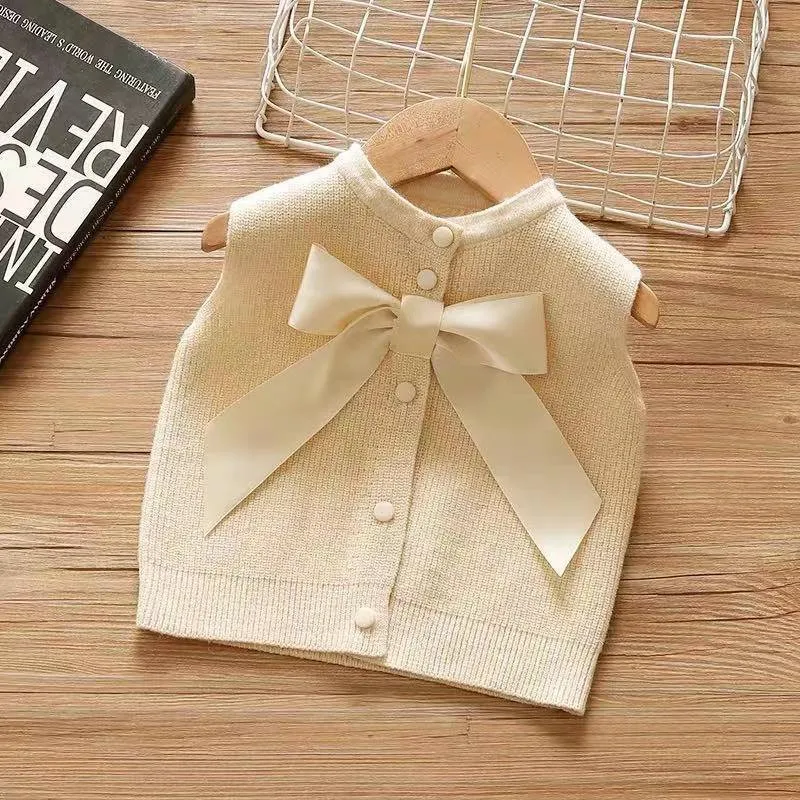Lawadka Spring Kids Vest For Girl Fashion Bow Solid Children Cardigan Sweater Outwear Sleeveless Baby Waistcoat Clothes