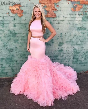 

Pink Mermaid Prom Dress Sexy Ruffle Tiered Sweep Train Sleeveless New Two Pieces O-neck коктейльные платья Formal Evening Dress