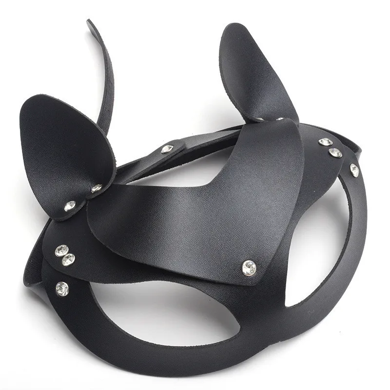 Women Sexy Pu Leather Rivet Upper Half Face Mask Rhinestone Cat Bunny Ear Cosplay Adult Play Game Masquerade Ball Carnival Masks - Цвет: E-Rhinestone