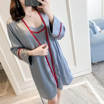 

Set Summer Sexy Soft Women Spaghetti Strap Sleepwear Dress Elegant Woman Casual Bathrobe Sets Blue Women Satin Robe Gown