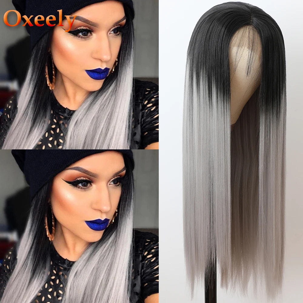 

Oxeely Grey Color Long Straight Wig Heat Resistant Ombre Gray Straight Synthetic Lace Front Wigs for Fashion Women