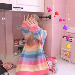 Jaqueta feminina outono inverno arco íris listrado manga comprida hoodless camisa harajuku estudante feminino versão coreana maré solta fina