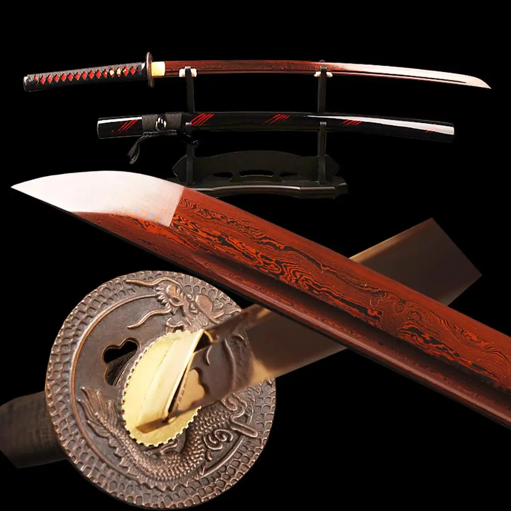 Kaufen Brandon Schwerter Roten Japanischen Samurai Katana Schwert Gefaltet Stahl Damaskus Klinge Schlacht Bereit Espadas Sharp Schneiden Praxis Messer