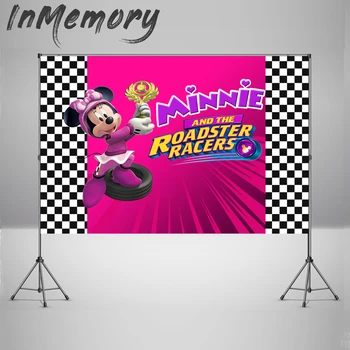 

Photography Backdrops Minnie Roadster Racers Car Race Black Flags Custom Kids Birthday Photo Backgrounds Studio Backdrops