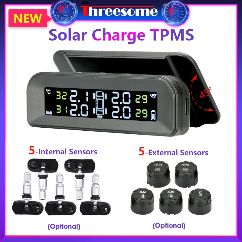 

Car Tire Pressure Monitor System Solar Power Adjustable LCD Screen Automatic Brightness Control Wireless 5 Tire TPMS