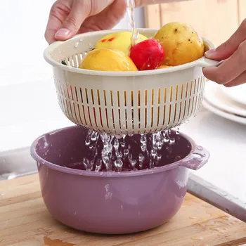 

Kitchen Drain Basket Bowl Rice Washing Colander Baskets Kitchen Strainer Noodles Vegetables Fruit Double Drain Storage Basket