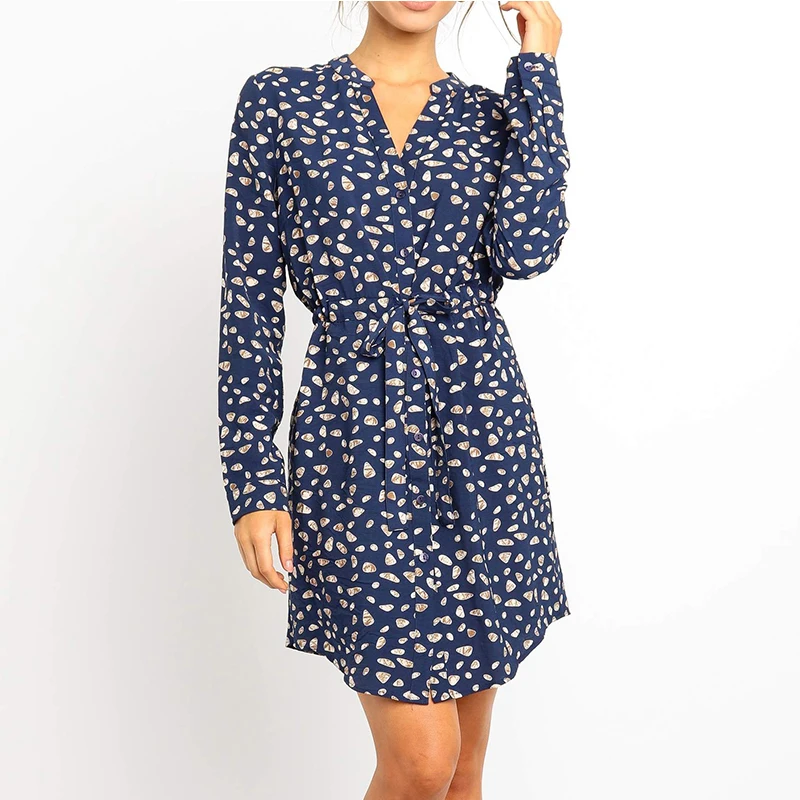 

Autumn Print Women Elegant Chiffon Dress Long Sleeve Casual Shirt Dress V Neck Mini Dresses Lace up Vestidos Fashion Streetwear