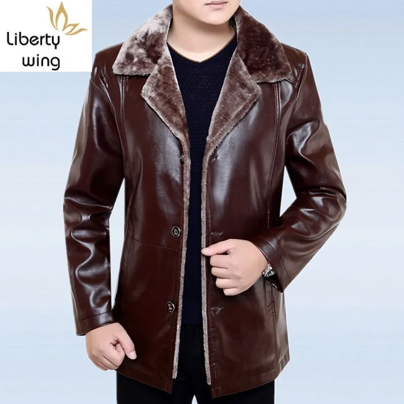

Smart Casual Winter Thick Warm Fleece Lining Men PU Leather Jackets Long Sleeve Single Breasted Lapel Loose Male Outerwear Coats