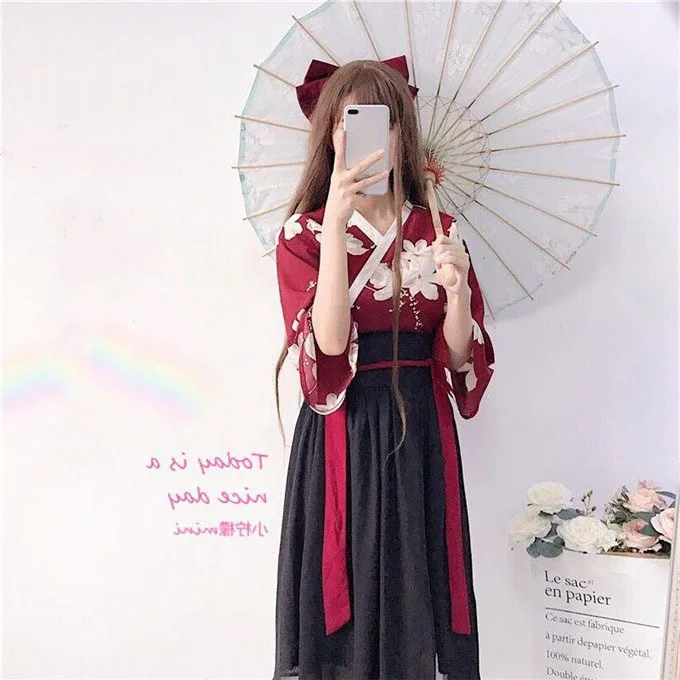 Color 3 Suit Кимоно в цветочек японский стиль каваи девушки юката летний топ юбки наряды платье для женщин Винтаж вечерние Haori азиатская одежда - Цвет: Color 3 Suit
