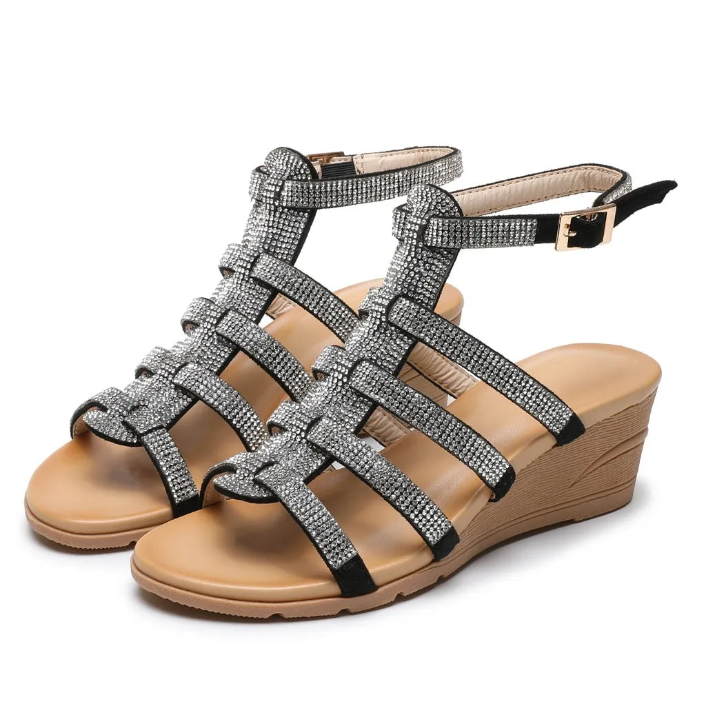 SAGACE Fashion Sandals Women Roman Dress Shoes Casual Wedges Beach Slippers Flock Rhinestone Pointed Toe Slip-on | Обувь