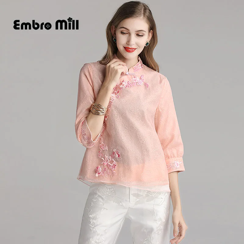 

high quality Coat Chinese style embroidery splice Lace Retro Standing collar Loose autumn women's Coat S-2XL