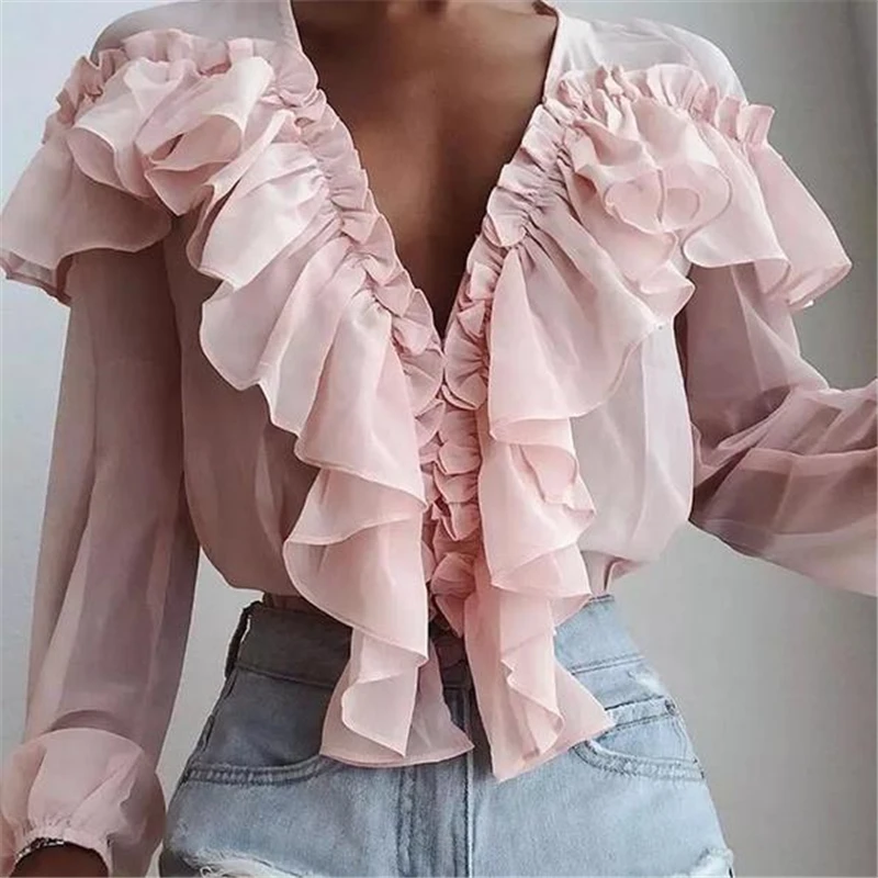 

Women Blouses Solid Color Off Shoulder Ruffle Blouse Casual Long Sleeve Loose Top Ladies Blouses And Shirts Female Tops Blouse