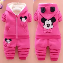 Комплект одежды с Минни Маус для маленьких девочек, теплые вельветовые толстовки с капюшоном+ штаны, комплект из 2 предметов зимний детский костюм детская одежда с Микки Маусом