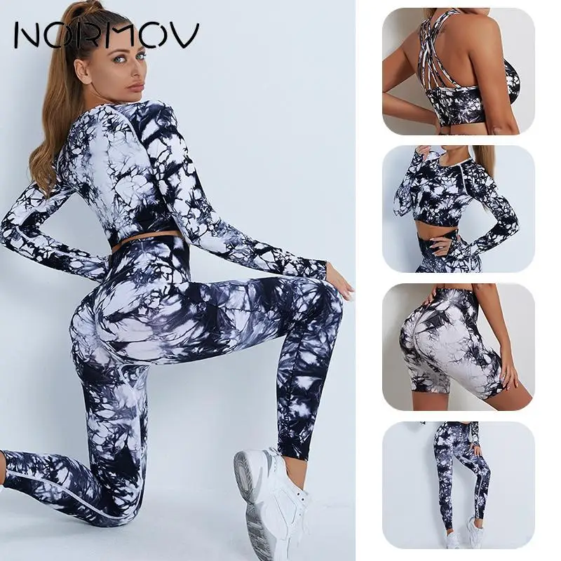 

NORMOV Women Yoga Sets Tie dye 2/4 PCS Printing Pants Suit Gym Clothing Seamless Gym Sets Long Sleeve Shirts Sports Sets