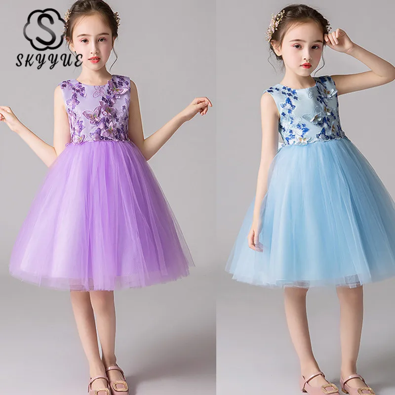 

Skyyue Kids Flower Girl Dresses for Wedding Purple Tank Ball Gown Lace O-neck Sleeveless Takedown Bow Comunion Dress 2019 BX2805